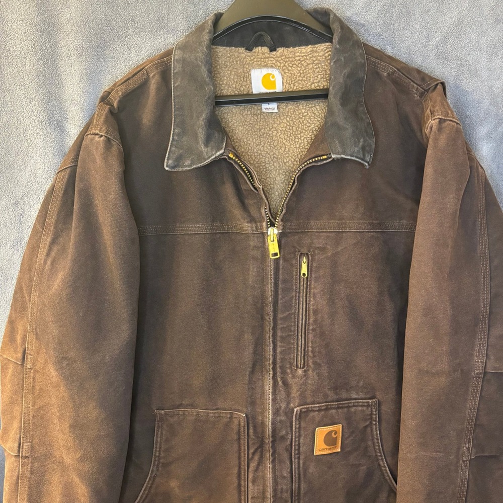 Carhartt C61 DKB Sandstone Ridge Coat Sherpa Lined Work Jacket Brown Mens Large